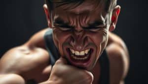 A person grimacing in pain, muscles tensed, as they experience an overload injury. The foreground focuses on the subject's face, brow furrowed, teeth clenched, conveying the intense discomfort. The middle ground shows the affected limb or joint, swollen and discolored, clearly indicating an injury. The background is blurred, drawing the viewer's attention to the central figure and the palpable sense of pain and strain. The lighting is harsh, creating deep shadows and highlights that accentuate the subject's anguished expression. The overall atmosphere is one of distress and physical duress, reflecting the challenges of an overload injury and the body's struggle to cope with excessive tissue loading.