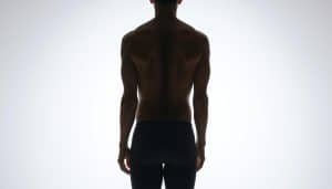 A person standing in a well-lit studio, their body aligned in a perfect posture. The subject is backlit, creating a soft, hazy glow around their silhouette. Their spine is straight, shoulders back, and head held high, exuding confidence and balance. The background is a neutral, clean backdrop, allowing the focus to remain on the subject's form. The lighting is soft and diffused, accentuating the subject's muscles and contours. The camera angle is slightly elevated, giving a sense of authority and control. The overall atmosphere is one of clarity, poise, and a deep understanding of proper spinal alignment.