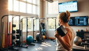 A physical therapy clinic, bathed in warm, natural light streaming through large windows. In the foreground, a patient diligently lifts a set of dumbbells, their muscles straining with the effort of progressive overload. The middle ground showcases a range of exercise equipment - resistance bands, stability balls, and adjustable weight racks - all carefully positioned to facilitate customized, cyclic tissue loading. In the background, a wall-mounted monitor displays a detailed exercise program, guiding the patient's rehabilitation journey. The atmosphere is one of focused determination, the clinic's soothing ambiance complementing the patient's steady progress.