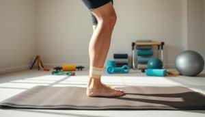 A physical therapy clinic interior, with a patient performing a knee rehabilitation exercise on a cushioned mat. Bright, diffuse lighting illuminates the scene, casting subtle shadows. In the foreground, the patient's lower body is visible, their knee wrapped in therapeutic tape as they carefully flex and extend their leg. In the middle ground, various rehabilitation props and equipment are arranged, including resistance bands, foam rollers, and a physiotherapy ball. The background features neutral-toned walls, providing a clean, professional backdrop to the rehabilitation process. The overall atmosphere conveys a sense of focused, therapeutic care.