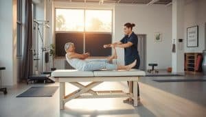 A physical therapy clinic interior with modern equipment and a patient undergoing a rehabilitation exercise. The patient, seated on a treatment table, works with a therapist who guides their movement and provides gentle resistance. The scene is brightly lit with warm, natural lighting filtered through large windows, casting a serene ambiance. The background features minimalist decor and clean, white walls, allowing the focus to remain on the therapeutic interaction. Subtle details like exercise mats, resistance bands, and motivational wall art convey the specialized nature of the space. The overall composition emphasizes the collaborative nature of the recovery process and the caring approach of the therapist.
