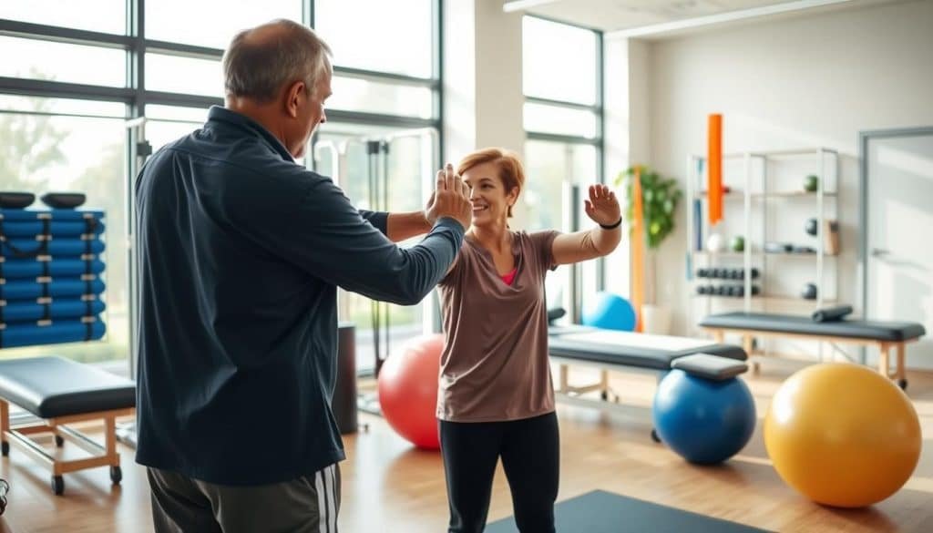 A physical therapy session in a well-equipped, modern clinic. In the foreground, a physiotherapist demonstrates an exercise to a patient, their movements captured with precision through a high-resolution lens. The middle ground showcases the clinic's state-of-the-art rehabilitation equipment, including resistance bands, exercise balls, and massage tables. The background features large windows, allowing natural light to flood the space and create a calming, professional atmosphere. The image conveys a sense of expert guidance, with the physiotherapist's confident posture and the patient's engaged expression. The overall mood is one of trust, progress, and a commitment to personalized, evidence-based sports therapy.