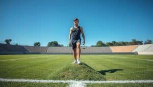 A pristine sports field, the vibrant green grass complemented by the azure sky. In the foreground, an athlete stands, one foot on a small hill, the other on the level ground, symbolizing the integration of short-term and long-term goals. The athlete's gaze is focused, determination etched on their face. The lighting is soft, creating a sense of balance and harmony. A lens with a shallow depth of field blurs the background, drawing the viewer's attention to the central figure and the concept of goal integration. The overall atmosphere is one of focus, resolve, and the pursuit of athletic excellence.