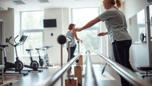 A rehabilitation adaptation process unfolds in a serene, well-lit clinical setting. In the foreground, a patient carefully navigates parallel bars, their movements supported by a physical therapist's guiding touch. The middle ground features an array of rehabilitation equipment, including exercise bikes and balance boards, hinting at the multifaceted journey of recovery. In the background, soothing natural light filters through large windows, creating a calming atmosphere that fosters the patient's focus and determination. The scene conveys a sense of progress and resilience, capturing the scientific principles that underpin the adaptive process of rehabilitation.