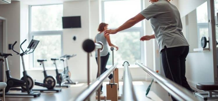 A rehabilitation adaptation process unfolds in a serene, well-lit clinical setting. In the foreground, a patient carefully navigates parallel bars, their movements supported by a physical therapist's guiding touch. The middle ground features an array of rehabilitation equipment, including exercise bikes and balance boards, hinting at the multifaceted journey of recovery. In the background, soothing natural light filters through large windows, creating a calming atmosphere that fosters the patient's focus and determination. The scene conveys a sense of progress and resilience, capturing the scientific principles that underpin the adaptive process of rehabilitation.