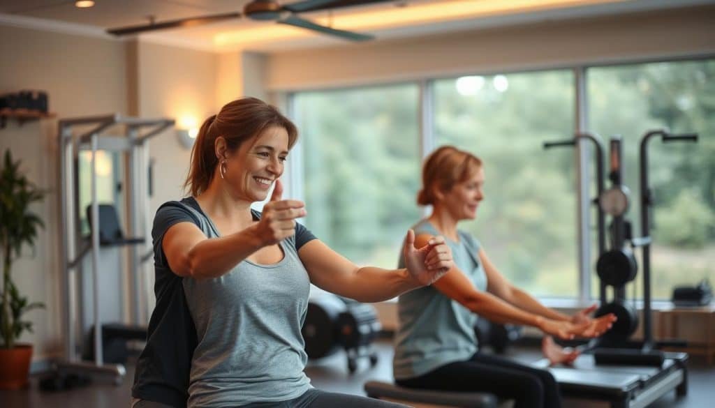 A rehabilitation center with a warm, welcoming atmosphere. In the foreground, a physical therapist guides a patient through a series of targeted exercises, their expressions conveying empathy and dedication. The middle ground features an array of specialized equipment, suggesting a tailored, comprehensive approach to treatment. The background depicts a tranquil, natural setting, with soothing lighting and a sense of serenity, creating a restorative environment conducive to healing and personal progress. The overall scene evokes a holistic, personalized approach to sports therapy, where the patient's unique needs and goals are the primary focus.