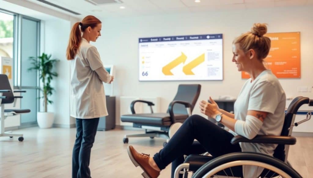 A rehabilitation clinic's adaptation process, showcased in a serene, well-lit interior. The foreground depicts a patient, seated and engaged in a hands-on therapy session with a dedicated healthcare professional. The middle ground features a tranquil, calming environment with soothing colors, natural lighting, and modern, ergonomic rehabilitation equipment. In the background, a wall-mounted display highlights the rehabilitation journey, charting the patient's progress and the collaborative efforts of the rehabilitation team. The overall atmosphere conveys a sense of hope, empowerment, and the transformative power of the adaptation process.