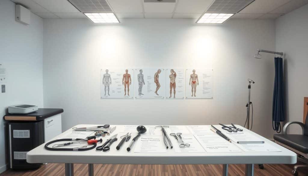 A serene and well-lit sports rehabilitation clinic interior, featuring a table with various medical instruments and rehabilitation equipment arranged neatly. On the table, a collection of labeled medical diagrams and terminologies related to sports rehabilitation, including images of joints, muscles, and injury types, along with their definitions. The room has a calming, professional atmosphere with neutral tones and clean lines, creating a sense of order and attention to detail. The overall scene conveys an educational and informative presentation of sports rehabilitation concepts.