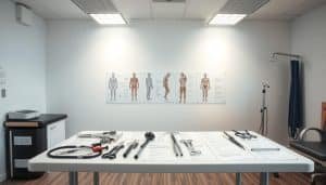 A serene and well-lit sports rehabilitation clinic interior, featuring a table with various medical instruments and rehabilitation equipment arranged neatly. On the table, a collection of labeled medical diagrams and terminologies related to sports rehabilitation, including images of joints, muscles, and injury types, along with their definitions. The room has a calming, professional atmosphere with neutral tones and clean lines, creating a sense of order and attention to detail. The overall scene conveys an educational and informative presentation of sports rehabilitation concepts.