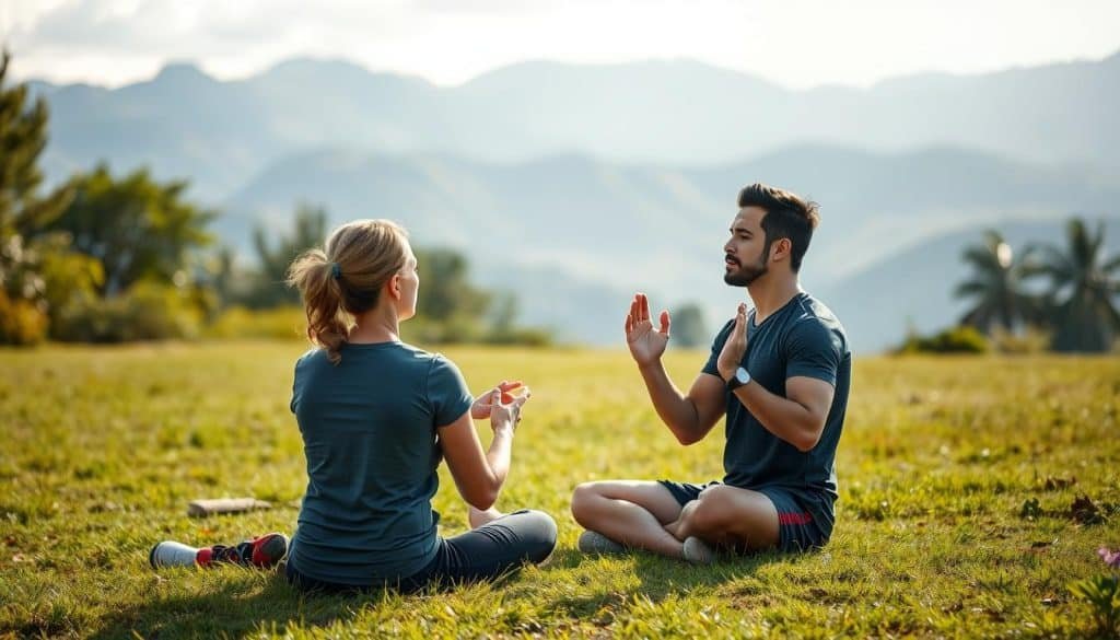 A serene outdoor setting, with a sports therapist guiding an athlete through mental exercises. The therapist, in a calm, professional demeanor, leads the athlete through visualizations and breathing techniques, helping them tap into their inner resilience and focus. The athlete, engaged and attentive, sits cross-legged on a grassy field, surrounded by lush foliage and a soft, diffused natural light. In the background, a picturesque mountain range provides a tranquil backdrop, symbolizing the journey of recovery and the athlete's determination to overcome challenges. The scene conveys a sense of harmony, balance, and the power of the mind-body connection in the realm of sports therapy and athletic rehabilitation.