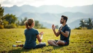 A serene outdoor setting, with a sports therapist guiding an athlete through mental exercises. The therapist, in a calm, professional demeanor, leads the athlete through visualizations and breathing techniques, helping them tap into their inner resilience and focus. The athlete, engaged and attentive, sits cross-legged on a grassy field, surrounded by lush foliage and a soft, diffused natural light. In the background, a picturesque mountain range provides a tranquil backdrop, symbolizing the journey of recovery and the athlete's determination to overcome challenges. The scene conveys a sense of harmony, balance, and the power of the mind-body connection in the realm of sports therapy and athletic rehabilitation.