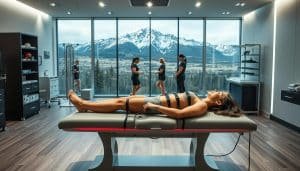 A serene sports therapy clinic nestled in the heart of Calgary, Alberta. In the foreground, a patient reclines on a modern treatment table, their body enveloped in an intricate web of multidimensional tissue loading devices. Streamlined medical equipment and soothing lighting create an atmosphere of holistic healing. In the middle ground, a team of skilled therapists move with precision, integrating cutting-edge techniques to restore function and mobility. The backdrop reveals the iconic Rocky Mountains, their majestic peaks casting a calming shadow over the scene. This image captures the intersection of innovative sports therapy and the natural beauty of the Calgary landscape, embodying the principles of rehabilitation through multidimensional tissue loading.