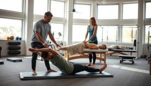 A serene sports therapy clinic with natural lighting filtering through large windows, highlighting various therapeutic techniques. In the foreground, a physical therapist guides a patient through gentle stretching exercises on a padded mat. In the middle ground, a massage therapist kneads the muscles of another patient on a massage table. The background showcases a variety of exercise equipment, from balance boards to resistance bands, creating an atmosphere of holistic well-being. The overall mood is calming and professional, conveying the comprehensive approach of sports therapy.