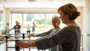 A serene, sun-dappled rehabilitation clinic, with patients engaged in various stages of the adaptation process. In the foreground, a person carefully navigating parallel bars, their determined expression mirrored in the supportive gaze of a physical therapist. In the middle ground, a group participates in a gentle, low-impact exercise class, their movements harmonizing with the soothing atmosphere. Beyond, floor-to-ceiling windows offer glimpses of a verdant, landscaped garden, promoting a sense of natural healing. Soft, diffused lighting bathes the scene, creating a calming, therapeutic ambiance that reflects the principles of holistic rehabilitation.