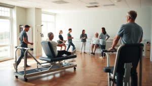 A serene, well-lit rehabilitation clinic with soothing pastel walls and polished hardwood floors. In the foreground, a patient performing a series of controlled exercises on a state-of-the-art therapy apparatus, guided by a compassionate physical therapist. In the middle ground, a group of patients engaging in group therapy, discussing their progress and supporting one another. The background features calming nature imagery, such as a tranquil pond or a lush garden, conveying a sense of balance, restoration, and holistic healing. Soft, diffused lighting casts a warm, encouraging glow over the entire scene, creating an atmosphere of warmth, safety, and therapeutic advancement.