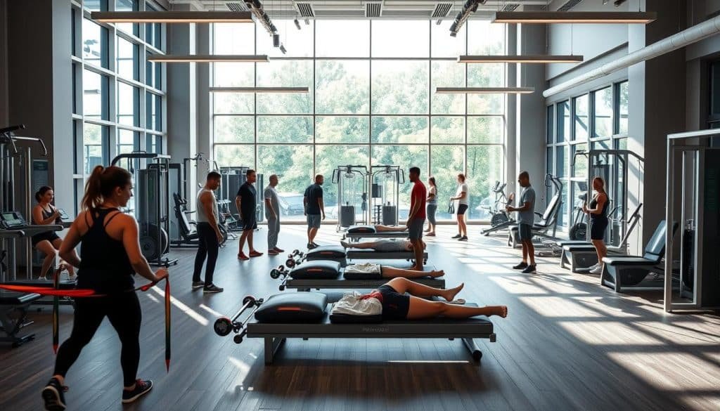 A sophisticated rehabilitation facility with modern, well-equipped workout spaces. In the foreground, athletes engage in targeted exercises and physical therapy under the watchful guidance of experienced professionals. The middle ground showcases a diverse array of rehabilitation equipment, from resistance bands to state-of-the-art machines. In the background, floor-to-ceiling windows flood the space with natural light, creating a serene and rejuvenating atmosphere. The overall scene conveys a holistic, integrative approach to rehabilitation, blending personalized care, cutting-edge technology, and a focus on returning athletes to peak performance.