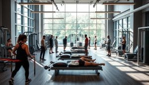 A sophisticated rehabilitation facility with modern, well-equipped workout spaces. In the foreground, athletes engage in targeted exercises and physical therapy under the watchful guidance of experienced professionals. The middle ground showcases a diverse array of rehabilitation equipment, from resistance bands to state-of-the-art machines. In the background, floor-to-ceiling windows flood the space with natural light, creating a serene and rejuvenating atmosphere. The overall scene conveys a holistic, integrative approach to rehabilitation, blending personalized care, cutting-edge technology, and a focus on returning athletes to peak performance.