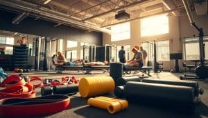 A sports therapy clinic, bathed in warm, natural lighting. In the foreground, an array of recovery modalities - resistance bands, foam rollers, and massage tools. In the middle ground, athletes undergoing targeted treatments, guided by knowledgeable therapists. The background features state-of-the-art equipment, including exercise machines and rehabilitation devices. The overall atmosphere is one of professionalism, care, and a focus on optimizing the recovery process for athletes of all skill levels. The camera angle is slightly elevated, capturing the scene in a clean, clinical manner.