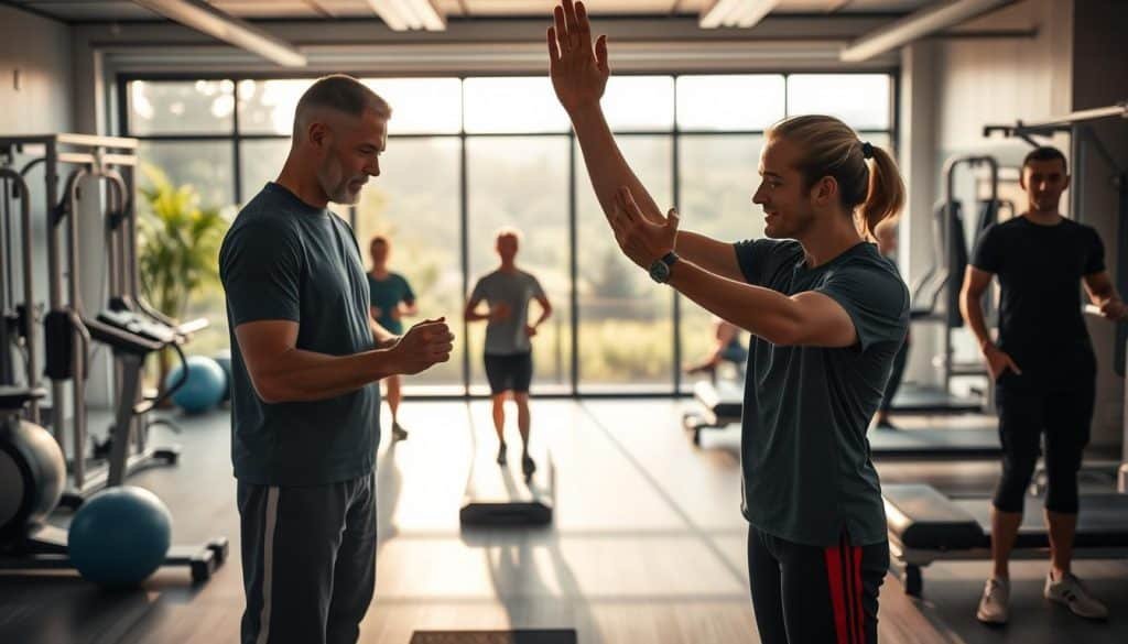 A sports therapy clinic set in a modern, well-equipped facility. In the foreground, a physiotherapist guides an athlete through a series of stretches and exercises, their faces conveying a sense of focus and collaboration. In the middle ground, other patients engage in various rehabilitation activities, with state-of-the-art equipment and diagnostic tools visible. The background features large windows overlooking a lush, serene outdoor landscape, bathed in warm, natural lighting that infuses the scene with a calming, therapeutic atmosphere. The overall composition emphasizes the principles of sports therapy: personalized care, evidence-based practices, and a holistic approach to restoring and optimizing athletic performance.