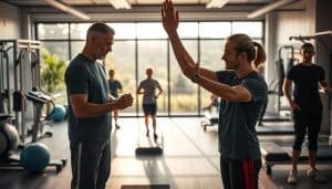 A sports therapy clinic set in a modern, well-equipped facility. In the foreground, a physiotherapist guides an athlete through a series of stretches and exercises, their faces conveying a sense of focus and collaboration. In the middle ground, other patients engage in various rehabilitation activities, with state-of-the-art equipment and diagnostic tools visible. The background features large windows overlooking a lush, serene outdoor landscape, bathed in warm, natural lighting that infuses the scene with a calming, therapeutic atmosphere. The overall composition emphasizes the principles of sports therapy: personalized care, evidence-based practices, and a holistic approach to restoring and optimizing athletic performance.
