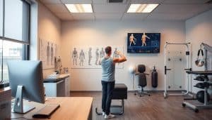 A sterile, well-lit medical office interior with a physical therapist's desk, computer, and desk accessories in the foreground. In the middle ground, a patient undergoing a range of motion assessment, their movements and biometrics displayed on a large wall-mounted screen. In the background, anatomical diagrams, exercise equipment, and other therapy tools convey the clinical nature of the space. The scene is bathed in a warm, professional lighting that highlights the analytical, data-driven approach to sports therapy. The overall mood is one of focused, evidence-based treatment.