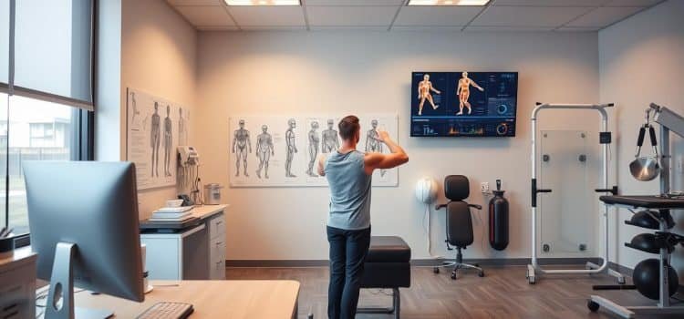 A sterile, well-lit medical office interior with a physical therapist's desk, computer, and desk accessories in the foreground. In the middle ground, a patient undergoing a range of motion assessment, their movements and biometrics displayed on a large wall-mounted screen. In the background, anatomical diagrams, exercise equipment, and other therapy tools convey the clinical nature of the space. The scene is bathed in a warm, professional lighting that highlights the analytical, data-driven approach to sports therapy. The overall mood is one of focused, evidence-based treatment.