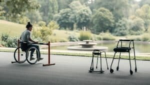 A tranquil scene depicting the principles of rehabilitation adaptation. In the foreground, a person in a wheelchair navigates an obstacle course, demonstrating their resilience and determination. The middle ground showcases a range of assistive devices, such as crutches, walkers, and mobility aids, symbolizing the tools that empower individuals during the rehabilitation process. In the background, a serene natural landscape with lush greenery and a calming water feature, conveying a sense of harmony and healing. Soft, diffused lighting creates a warm, inviting atmosphere, while the camera angle captures the scene from a slightly elevated perspective, emphasizing the resilience and adaptability of the individual. The image should evoke a sense of progress, empowerment, and the transformative nature of rehabilitation.