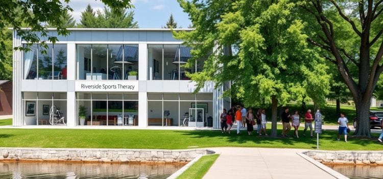 A two-story building with large windows and a modern, sleek facade, nestled along the banks of a tranquil river. The front entrance is marked by a prominent sign reading "Riverside Sports Therapy Calgary". The interior is filled with natural light, clean lines, and state-of-the-art rehabilitation equipment. Outside, a lush green lawn and mature trees create a serene, park-like atmosphere. People of diverse backgrounds are seen entering and exiting the facility, reflecting the inclusive and welcoming nature of this cultural hub. The overall scene conveys a sense of health, community, and harmony with the natural environment.