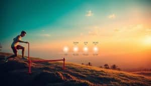 A vibrant, dynamic scene depicting the motivational goal achievement process. In the foreground, a determined athlete navigates a challenging obstacle course, representing the steps required to reach their sports therapy goals. The middle ground showcases a visual timeline of their progress, with milestones marked by glowing energy spheres. In the background, a serene, inspirational landscape sets the mood, with soft lighting and a sense of tranquility. The overall composition conveys a sense of focus, determination, and the rewarding journey of setting and achieving meaningful goals in sports therapy.