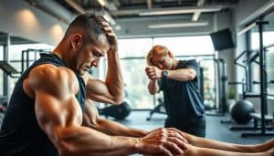 A vibrant, energetic scene showcasing the core benefits of sports therapy for athletes. In the foreground, a determined athlete undergoes rehabilitation exercises, their muscles flexing with focused intensity. The middle ground depicts a sports therapist guiding the athlete, their hands expertly maneuvering the athlete's body. In the background, a modern, well-equipped sports therapy clinic, with sleek equipment and natural lighting filtering in, creating a calming, therapeutic atmosphere. The overall mood conveys the synergy between athlete and therapist, highlighting the transformative power of sports therapy in optimizing performance, preventing injuries, and promoting holistic well-being.