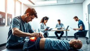A vibrant, evidence-based learning process unfolds, showcasing a dynamic interplay of hands-on exploration, analytical reasoning, and real-world application. In the foreground, a sports therapist meticulously examines a patient's injury, their movements captured in fluid motion. The middle ground depicts a collaborative workspace, where clinicians pore over data, discuss case studies, and consult reference materials. In the background, a sleek, modern clinic setting provides a calm, well-lit backdrop, accentuating the clinical precision and attention to detail that defines the Riverside Sports Therapy approach. The overall scene conveys a sense of diligence, intellectual curiosity, and a commitment to delivering the best possible care, reflecting the core principles of the "Developing and Implementing Clinical Reasoning Skills" section.