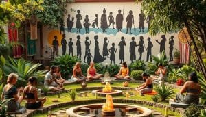 A vibrant mosaic of cultural healing approaches, blending ancient traditions and modern practices. A serene garden setting, with lush greenery and tranquil water features. In the foreground, a diverse group of people engage in various therapies - from meditation and aromatherapy to acupuncture and traditional massage. The middle ground showcases a mix of symbolic elements, such as dreamcatchers, prayer flags, and healing crystals. In the background, a mural depicting the silhouettes of diverse figures, representing the unity and interconnectedness of global healing traditions. Warm, soft lighting illuminates the scene, creating a calming and introspective atmosphere.