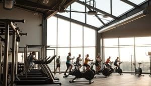 A well-equipped gym interior with an energy systems training station in the foreground. The station features a variety of exercise equipment including treadmills, stationary bikes, rowing machines, and weight racks. In the middle ground, athletes are engaged in various high-intensity interval training exercises, their faces determined as they push their limits. The background is softly lit, with large windows overlooking a serene outdoor landscape. The overall atmosphere conveys a sense of focus, discipline, and the pursuit of peak athletic performance.