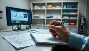 A well-lit, clinical examination room with a medical chart on a desk and a computer monitor displaying graphs and charts. In the foreground, a person's hand holds a pen, poised over a notepad, ready to make adjustments to a training regimen. The background features shelves with medical equipment and supplies, conveying a sense of professionalism and attention to detail. Soft, directional lighting illuminates the scene, creating a serene and focused atmosphere conducive to thoughtful decision-making regarding an individual's rehabilitation program.