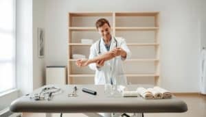 A well-lit, clinical examination room with a sturdy examination table in the foreground. On the table, medical instruments and supplies are neatly arranged, including a stethoscope, reflex hammer, and bandages. In the middle ground, a healthcare professional in a white coat is carefully examining the limb of a patient, utilizing various techniques to assess range of motion, muscle tone, and potential points of referred pain. The background features clean, minimalist walls and shelving, creating a calming, professional atmosphere conducive to thorough medical evaluation.