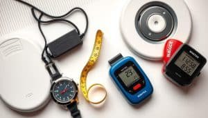 A well-lit, high-resolution image of a collection of sport readiness assessment tools, including a stop watch, tape measure, balance board, and heart rate monitor, arranged on a clean white surface. The tools are positioned in a visually appealing layout, showcasing their purpose and functionality. The image has a professional, clinical aesthetic, conveying a sense of precision and attention to detail. The lighting is soft and even, creating a sense of calm and focus. The overall mood is one of scientific inquiry and readiness for athletic performance evaluation.