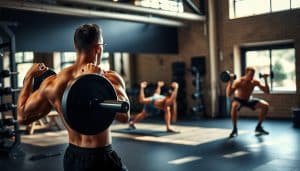 A well-lit, high-resolution image of a fitness studio, showcasing various strength and conditioning exercises. In the foreground, a person performing a barbell deadlift with proper form, their muscles straining with the effort. In the middle ground, another individual executes a set of push-ups, their core engaged. In the background, a person squats with a weighted dumbbell, their legs powering the movement. The lighting is warm and natural, highlighting the defined musculature of the individuals. The scene conveys a sense of determination, discipline, and the pursuit of physical excellence.