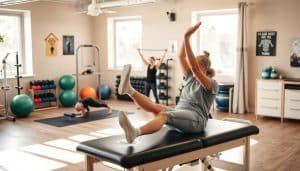 A well-lit, high-resolution image of a physical therapy clinic setting. In the foreground, a patient performing seated leg raises on a treatment table, with a physical therapist providing guidance. In the middle ground, a person doing stretches on a yoga mat, and another using resistance bands for strengthening exercises. The background features exercise equipment like stability balls, dumbbells, and a wall of motivational posters. The scene is bathed in warm, natural lighting, conveying a calm, therapeutic atmosphere conducive to rehabilitation and recovery.