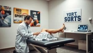 A well-lit sports therapy assessment room, with a patient lying on an examination table in the foreground. The therapist, wearing a white lab coat, is kneeling next to the patient, meticulously examining their injured limb. The room is equipped with modern medical equipment, including a laptop on a nearby desk, displaying diagnostic images. The walls are adorned with motivational sports-themed artwork, creating a warm and encouraging atmosphere. Soft, indirect lighting illuminates the scene, casting gentle shadows and highlighting the focused expressions of the healthcare professionals.
