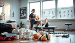 A well-lit sports therapy clinic, with a mid-ground of a physical therapist demonstrating injury management steps to a patient. In the foreground, an array of medical equipment and supplies, such as bandages, ice packs, and compression devices. The background features a clean, modern aesthetic with wall displays showcasing sports injury recovery timelines and rehabilitation exercises. Subtle natural lighting from large windows casts a warm, calming ambiance over the scene. The overall composition conveys a sense of professionalism, expertise, and a patient-centered approach to effective sports injury management.