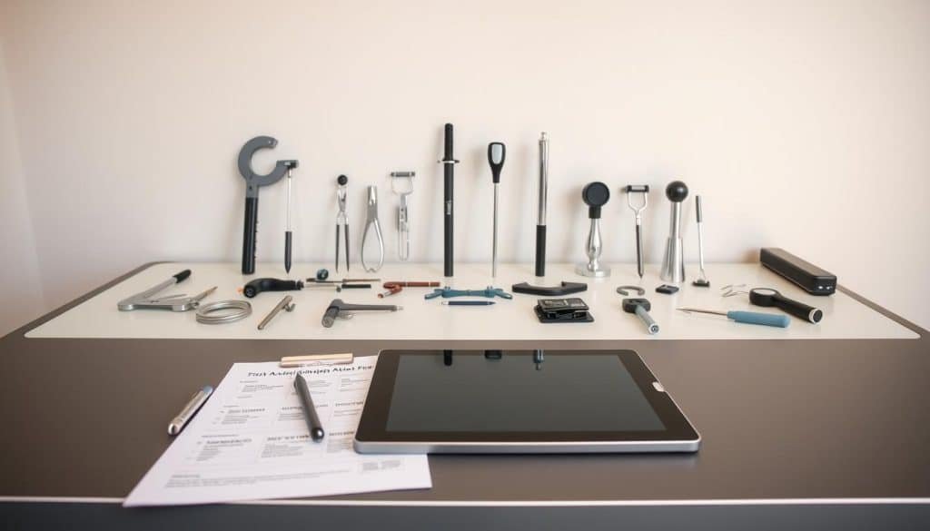 A well-lit studio scene showcasing a variety of rehabilitation assessment tools neatly arranged on a sleek, modern desk. In the foreground, a high-quality digital tablet and stylus sit alongside a clipboard with assessment forms. In the middle ground, an array of specialized instruments such as a goniometer, dynamometer, and reflex hammer are meticulously positioned. The background features a neutral, minimalist wall, allowing the tools to take center stage. Soft, directional lighting creates depth and emphasizes the precision and professionalism of the setup, conveying the importance of these assessment tools in the rehabilitation process.