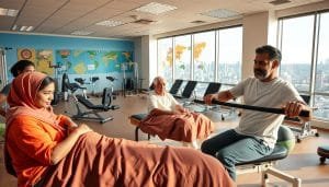 An expansive sports therapy clinic with a diverse global clientele. In the foreground, a group of patients from various cultural backgrounds receive personalized treatment - a young Somali woman undergoing acupuncture, an elderly Chinese man receiving a massage, and a middle-aged South Asian man using a resistance band. The middle ground features sports equipment, rehabilitation tools, and vibrant wall displays showcasing traditional medicinal practices from around the world. The background depicts a panoramic view of the Calgary skyline through large windows, hinting at the clinic's multicultural setting. Warm, natural lighting creates a welcoming, inclusive atmosphere. Photograph, 50mm lens, 1/125s exposure.