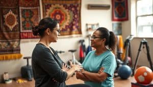 An intercultural sports therapy clinic, its walls adorned with vibrant cultural tapestries. In the foreground, a physical therapist and client from different backgrounds engage in a thoughtful conversation, their body language reflecting the nuanced communication challenges they navigate. The lighting is warm and inviting, while the angles capture the sense of shared understanding they strive to achieve. The background depicts a diverse array of sports equipment, hinting at the clinic's holistic approach to healing across cultural boundaries.