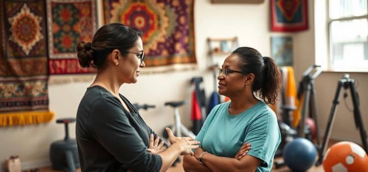 An intercultural sports therapy clinic, its walls adorned with vibrant cultural tapestries. In the foreground, a physical therapist and client from different backgrounds engage in a thoughtful conversation, their body language reflecting the nuanced communication challenges they navigate. The lighting is warm and inviting, while the angles capture the sense of shared understanding they strive to achieve. The background depicts a diverse array of sports equipment, hinting at the clinic's holistic approach to healing across cultural boundaries.