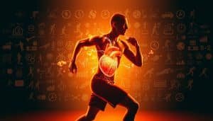 An intricate visualization of energy systems in sports, showcasing the interplay of various physiological processes. In the foreground, a dynamic figure engaged in a high-intensity exercise, their muscles ablaze with the power of the anaerobic system. In the middle ground, a representation of the aerobic system, with a pulsing heart and flowing blood vessels, illuminating the importance of endurance. In the background, a collage of sport-specific icons and data visualizations, highlighting the unique energy demands of different athletic disciplines. The scene is bathed in a warm, amber light, creating a sense of intensity and focused determination. The composition is balanced, drawing the viewer's eye to the central figure and the surrounding energy systems that power athletic performance.