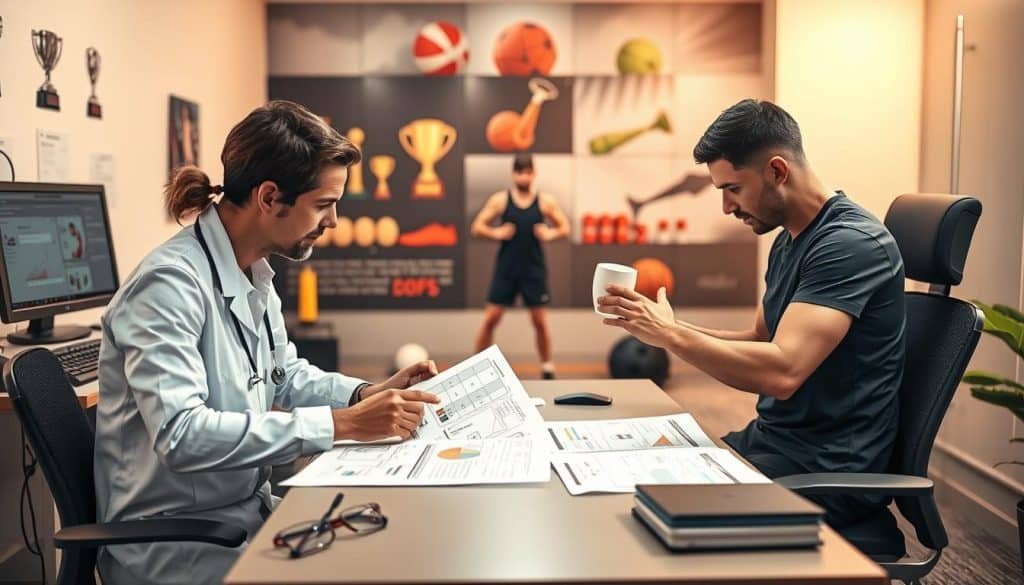 Detailed sports therapy goal-setting process depicted in a warm, inviting atmosphere. In the foreground, a therapist and athlete collaboratively review charts and diagrams on a desk, surrounded by modern medical equipment. In the middle ground, the athlete performs targeted exercises under the therapist's guidance, demonstrating the practical application of the goal-setting strategies. The background features motivational sports imagery, such as trophies and athletic gear, conveying a sense of achievement and progress. Soft, diffused lighting creates a calming, professional ambiance, while a clean, minimalist aesthetic ties the scene together. The overall composition emphasizes the collaborative, evidence-based nature of the sports therapy goal-setting process.