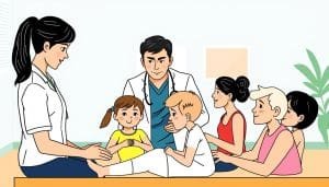Image of a sports therapist working with clients of different ages
