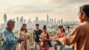 Prompt A diverse group of healthcare professionals engaged in sports therapy practices, set against the backdrop of a multicultural urban landscape. In the foreground, a physical therapist demonstrates culturally-adaptive techniques, using traditional tools and methods from various global traditions. The middle ground features patients of diverse backgrounds participating in tailored rehabilitation exercises. The background depicts a vibrant cityscape with skyscrapers, parks, and cultural landmarks, conveying a sense of global interconnectedness. Warm, natural lighting illuminates the scene, creating an atmosphere of inclusive, holistic wellness. The image aims to encapsulate the spirit of cultural exchange and adaptability in the field of sports therapy.