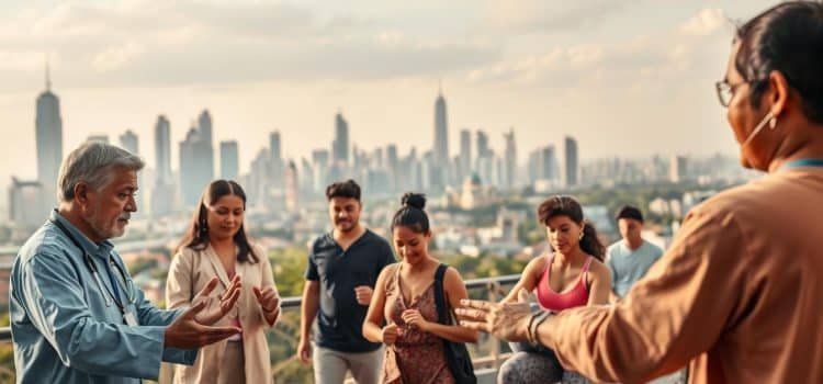 Prompt A diverse group of healthcare professionals engaged in sports therapy practices, set against the backdrop of a multicultural urban landscape. In the foreground, a physical therapist demonstrates culturally-adaptive techniques, using traditional tools and methods from various global traditions. The middle ground features patients of diverse backgrounds participating in tailored rehabilitation exercises. The background depicts a vibrant cityscape with skyscrapers, parks, and cultural landmarks, conveying a sense of global interconnectedness. Warm, natural lighting illuminates the scene, creating an atmosphere of inclusive, holistic wellness. The image aims to encapsulate the spirit of cultural exchange and adaptability in the field of sports therapy.
