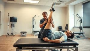 A brightly lit and sharply focused scene showcasing an athlete undergoing comprehensive joint function therapy. In the foreground, a physiotherapist skillfully manipulates the leg of a professional runner, assessing range of motion and joint stability using specialized equipment. In the middle ground, the athlete lies on a padded treatment table, their face expressing both determination and trust in the therapeutic process. The background features a clean, modern sports medicine clinic with state-of-the-art rehabilitation devices and soothing neutral tones, conveying an atmosphere of professionalism and care. The overall image captures the nuanced collaboration between athlete and therapist, highlighting the expert approach to musculoskeletal rehabilitation.